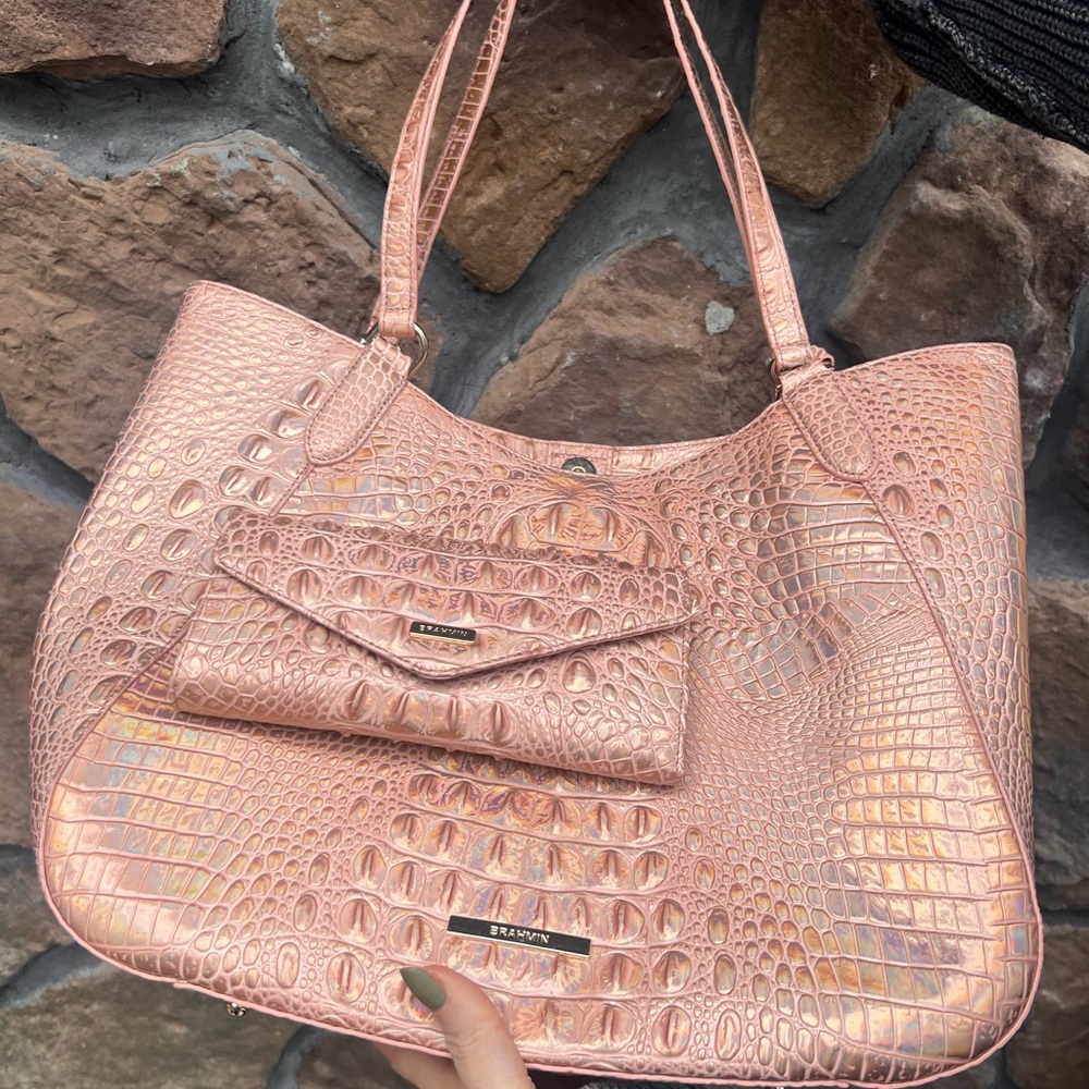 Brahmin Rose Golf Metallic Croc-Embossed Tote and wallet Set - Picture 3 of 8